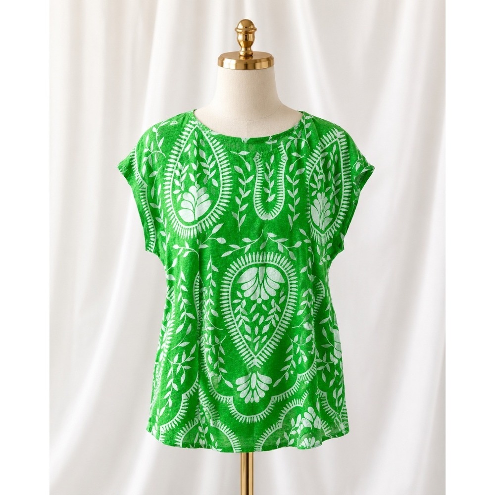 Joie Linen Tee Top Kelly Green White Paisley‎ Botanical Print Cap Sleeve Size L